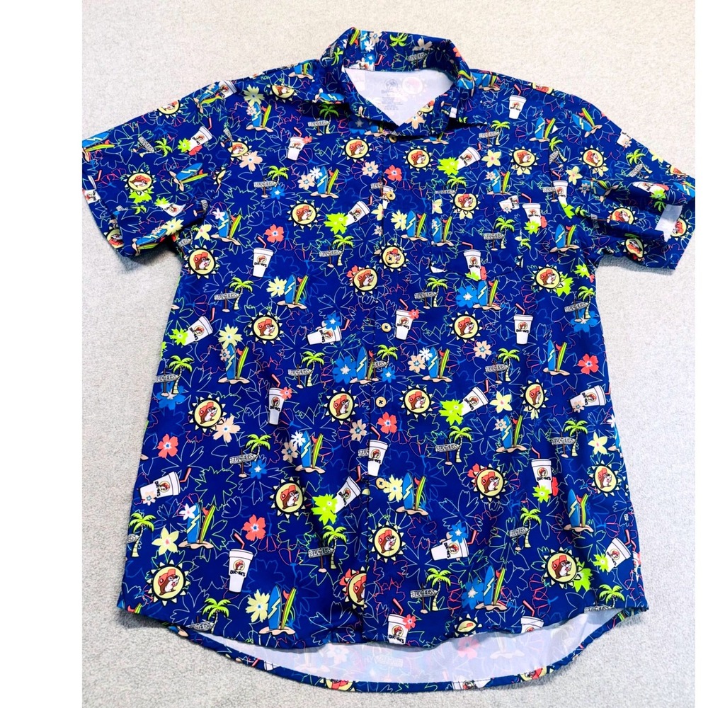 Buc-ees Button Down Shirt Mens MD Blue Tropical Surf Beaver Hawaiian Aloha Beach